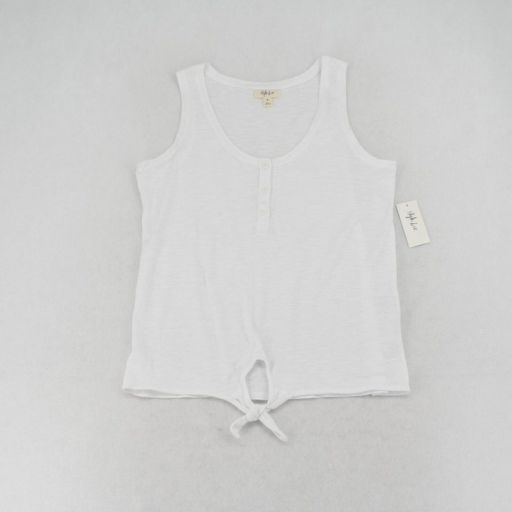Style & Co Womens Sleeveless Tie Knot 1/4 Buttons Henley Tank Top T-Shirt White